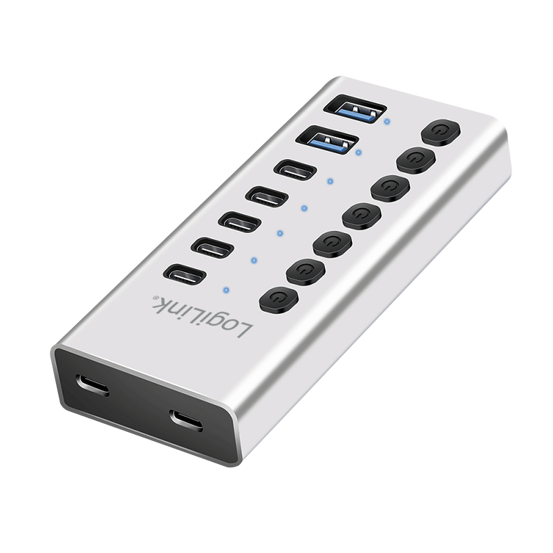 HUB extern Logilink, porturi USB: USB 3.2 x 7, conectare prin USB 2.0, protectie supracurent, metal, argintiu, 