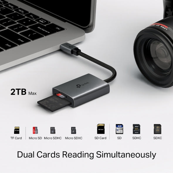 CARD READER extern TP-Link, interfata USB Type-C, citeste/scrie: SD si microSD, suporta carduri maxim 1 TB, lungime cablu 15 cm, metalic, gri "UA430C"