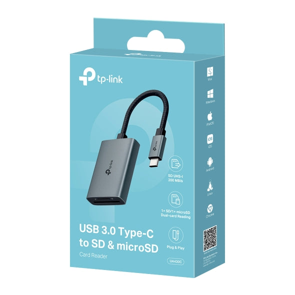 CARD READER extern TP-Link, interfata USB Type-C, citeste/scrie: SD si microSD, suporta carduri maxim 1 TB, lungime cablu 15 cm, metalic, gri "UA430C"