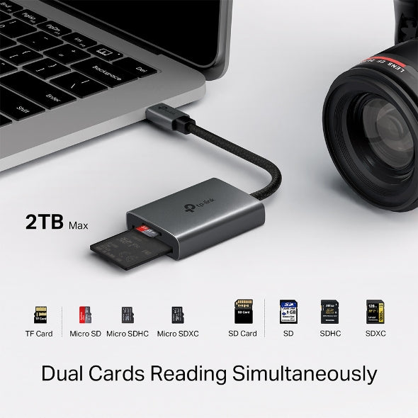 CARD READER extern TP-Link, interfata USB Type-C, citeste/scrie: SD si microSD, suporta carduri maxim 1 TB, lungime cablu 15 cm, metalic, gri "UA440C"