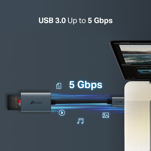CARD READER extern TP-Link, interfata USB 3.0, citeste/scrie: SD si microSD, suporta carduri maxim 1 TB, lungime cablu 15 cm, metalic, gri "UA430"
