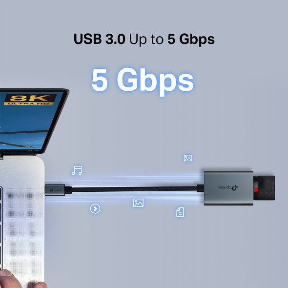 CARD READER extern TP-Link, interfata USB Type-C, citeste/scrie: SD si microSD, suporta carduri maxim 1 TB, lungime cablu 15 cm, metalic, gri "UA440C"