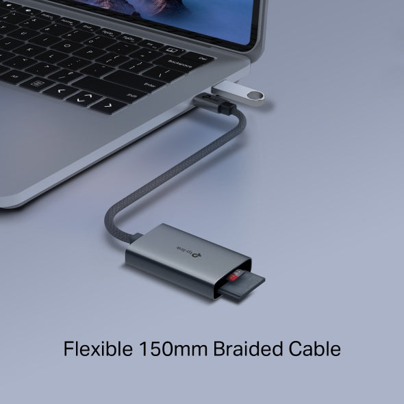 CARD READER extern TP-Link, interfata USB Type-C, citeste/scrie: SD si microSD, suporta carduri maxim 1 TB, lungime cablu 15 cm, metalic, gri "UA440C"