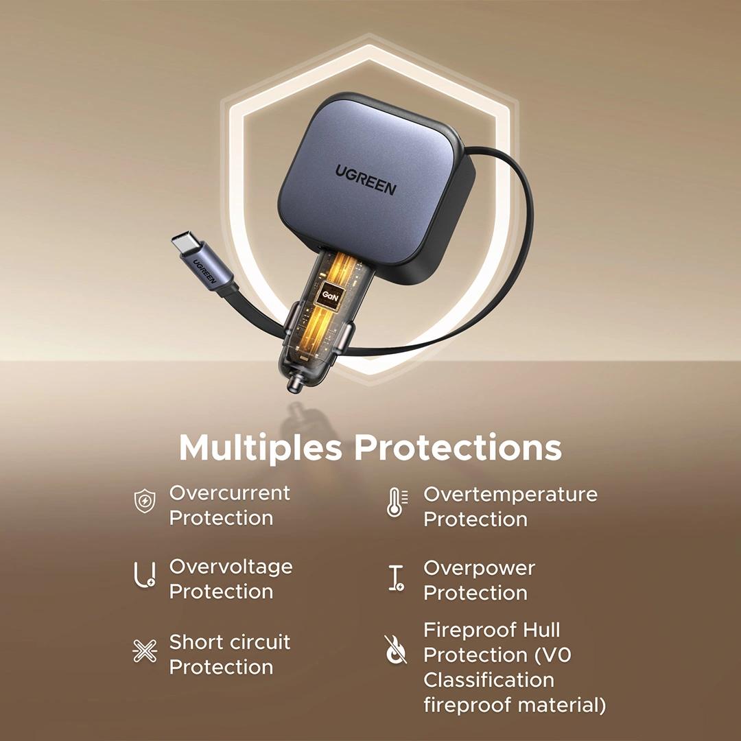 INCARCATOR auto Ugreen, "EC604" 1 x USB, 2 x USB Type-C, include cablu retractabil 0.7m USB Type-C, total output 145W, pt. bricheta auto, gri "55910B"