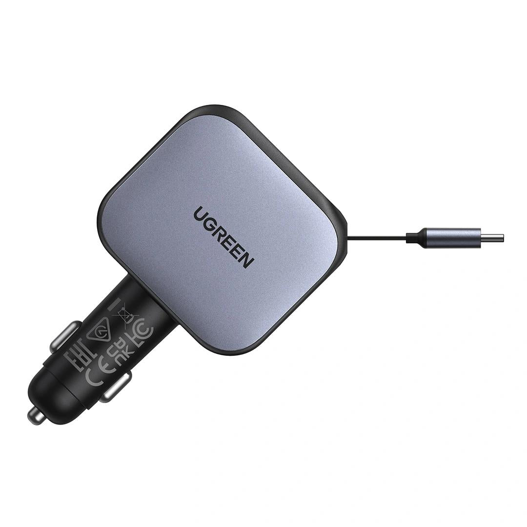 INCARCATOR auto Ugreen, "EC604" 1 x USB, 2 x USB Type-C, include cablu retractabil 0.7m USB Type-C, total output 145W, pt. bricheta auto, gri "55910B"