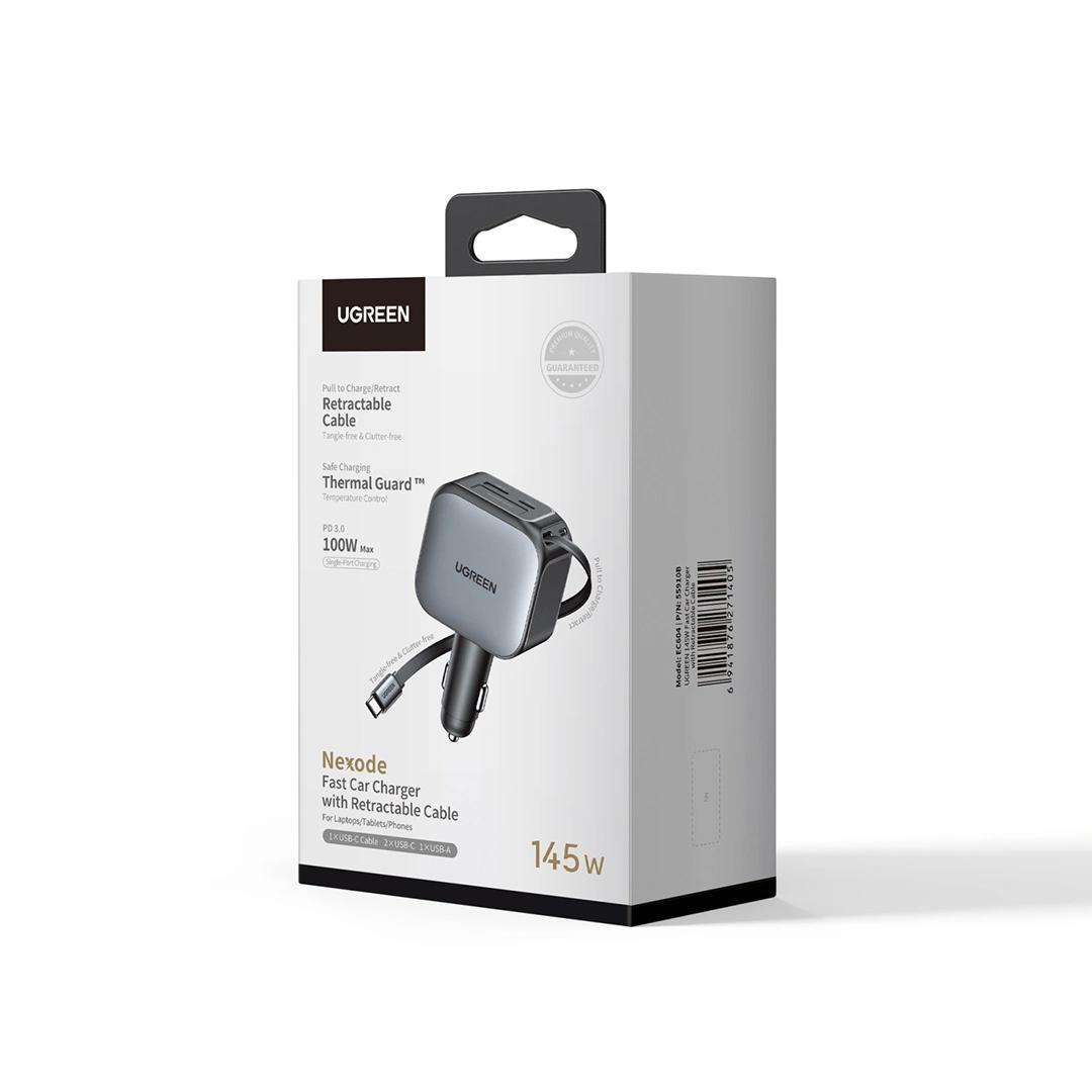 INCARCATOR auto Ugreen, "EC604" 1 x USB, 2 x USB Type-C, include cablu retractabil 0.7m USB Type-C, total output 145W, pt. bricheta auto, gri "55910B"