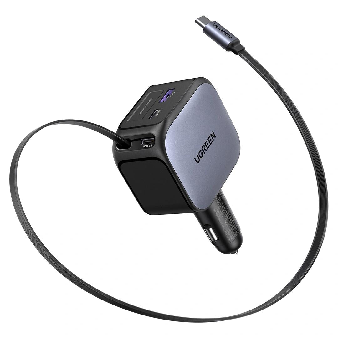 INCARCATOR auto Ugreen, "EC604" 1 x USB, 2 x USB Type-C, include cablu retractabil 0.7m USB Type-C, total output 145W, pt. bricheta auto, gri "55910B"
