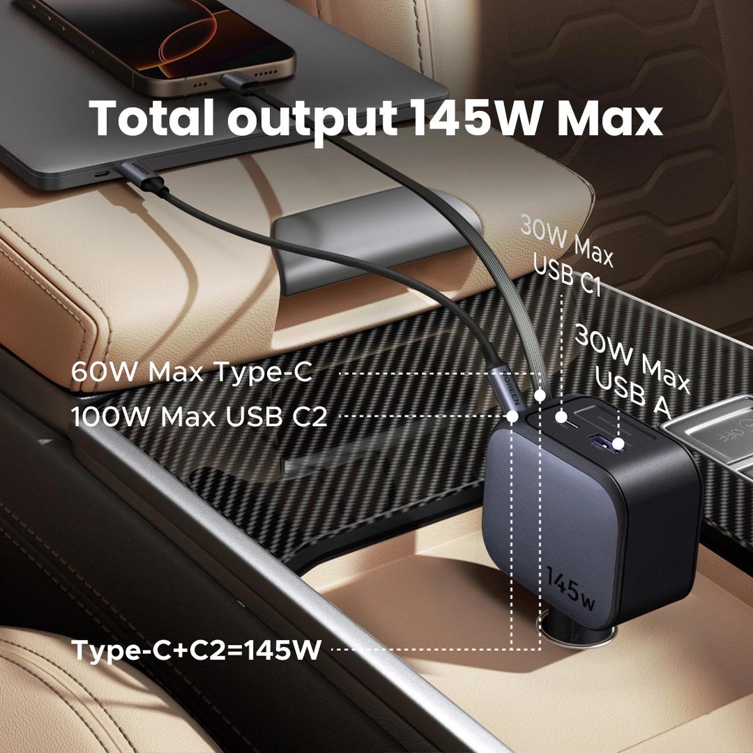 INCARCATOR auto Ugreen, "EC604" 1 x USB, 2 x USB Type-C, include cablu retractabil 0.7m USB Type-C, total output 145W, pt. bricheta auto, gri "55910B"