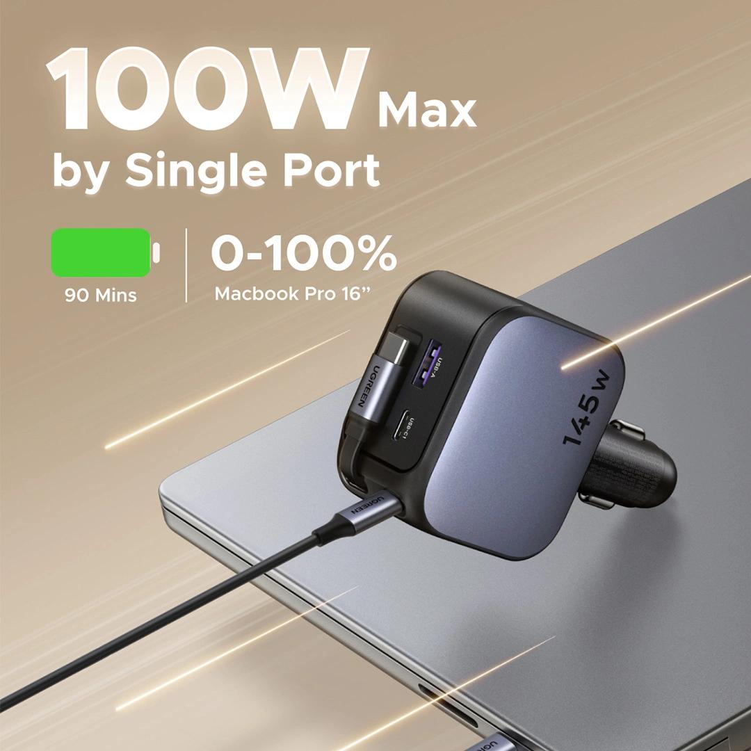 INCARCATOR auto Ugreen, "EC604" 1 x USB, 2 x USB Type-C, include cablu retractabil 0.7m USB Type-C, total output 145W, pt. bricheta auto, gri "55910B"