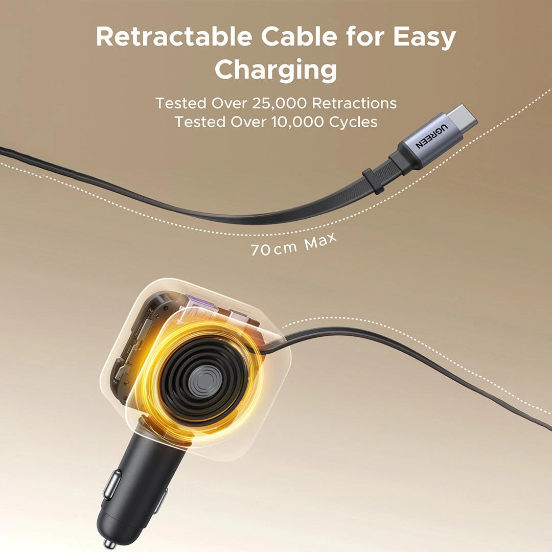 INCARCATOR auto Ugreen, "EC604" 1 x USB, 2 x USB Type-C, include cablu retractabil 0.7m USB Type-C, total output 145W, pt. bricheta auto, gri "55910B"