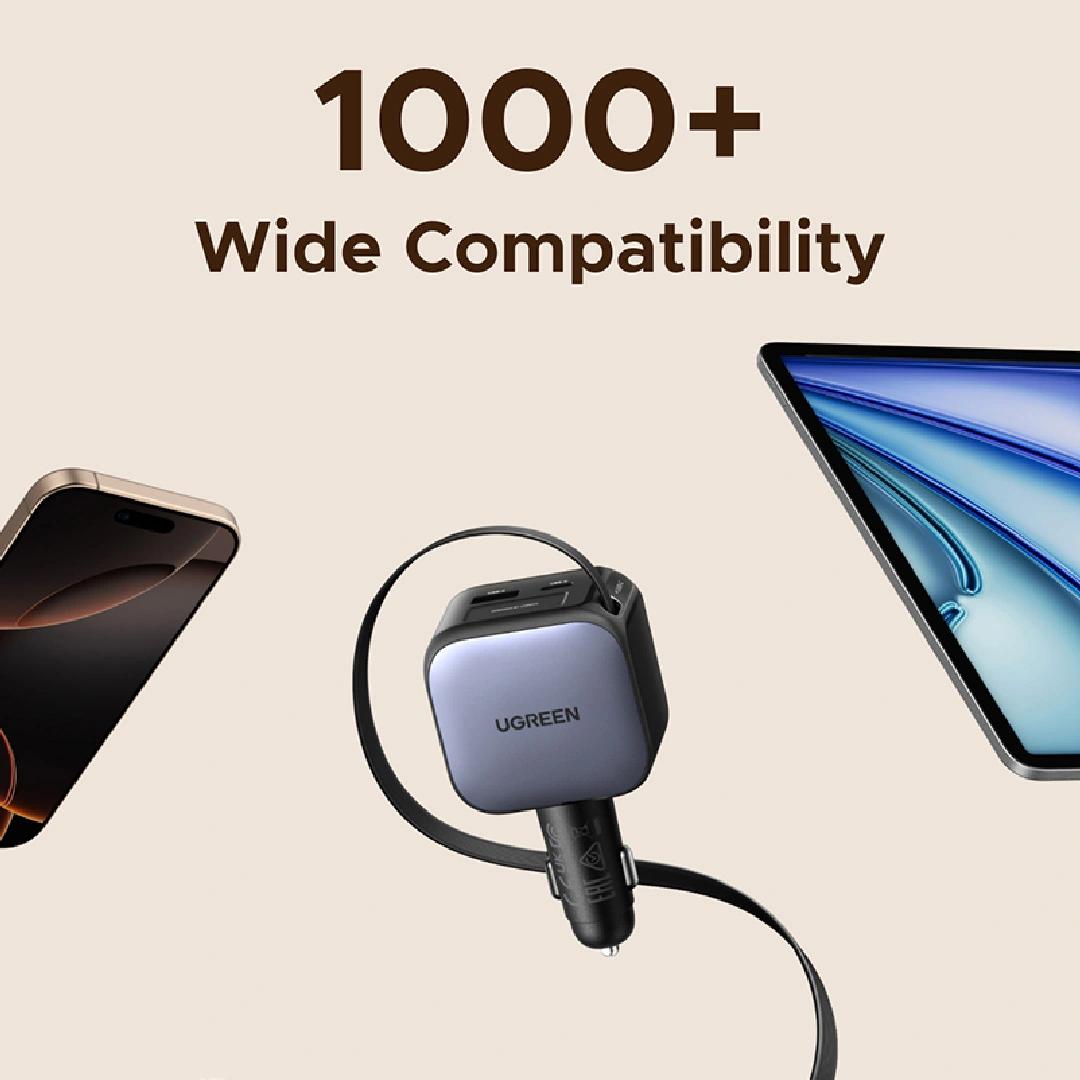 INCARCATOR auto Ugreen, "EC604" 1 x USB, 2 x USB Type-C, include cablu retractabil 0.7m USB Type-C, total output 145W, pt. bricheta auto, gri "55910B"