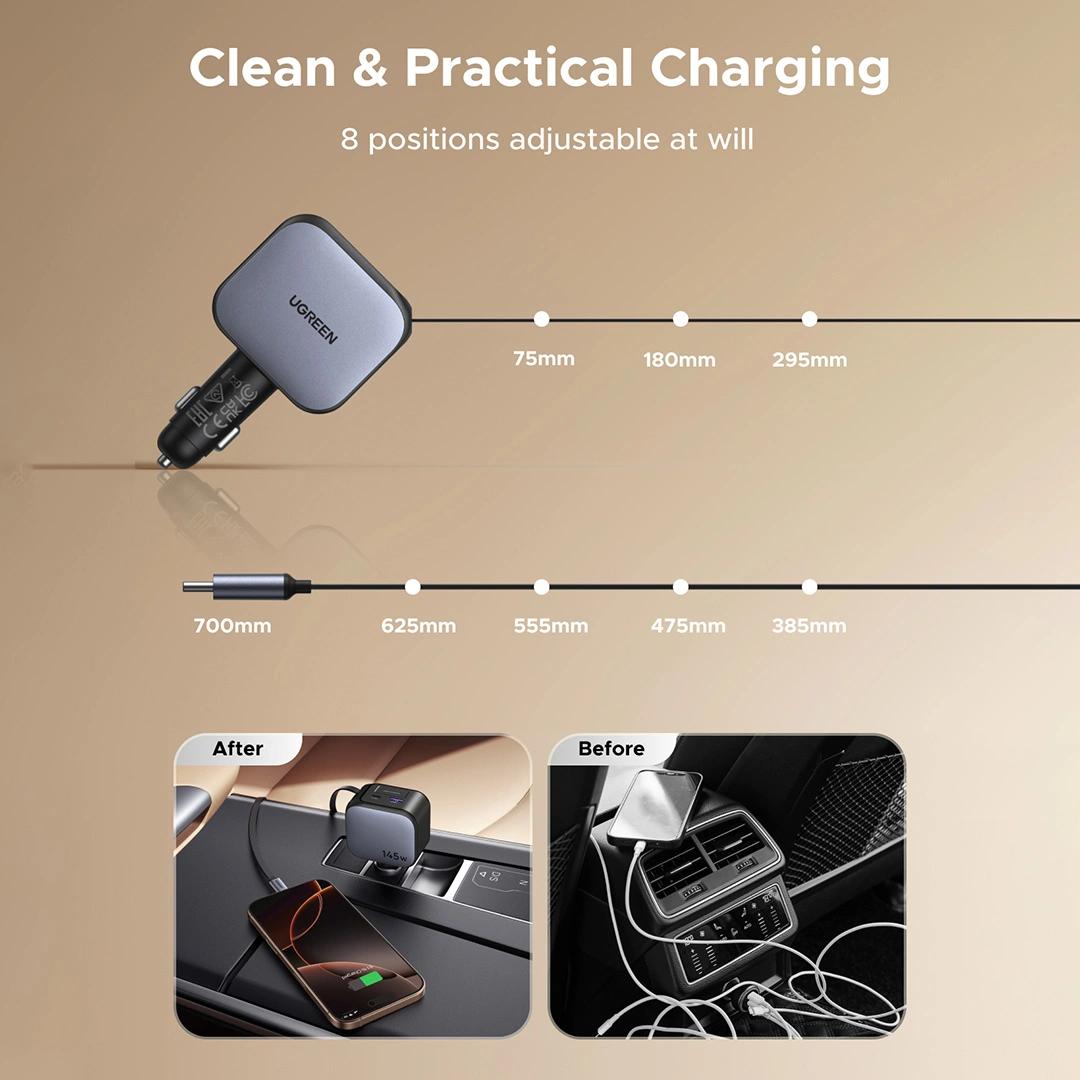 INCARCATOR auto Ugreen, "EC604" 1 x USB, 2 x USB Type-C, include cablu retractabil 0.7m USB Type-C, total output 145W, pt. bricheta auto, gri "55910B"