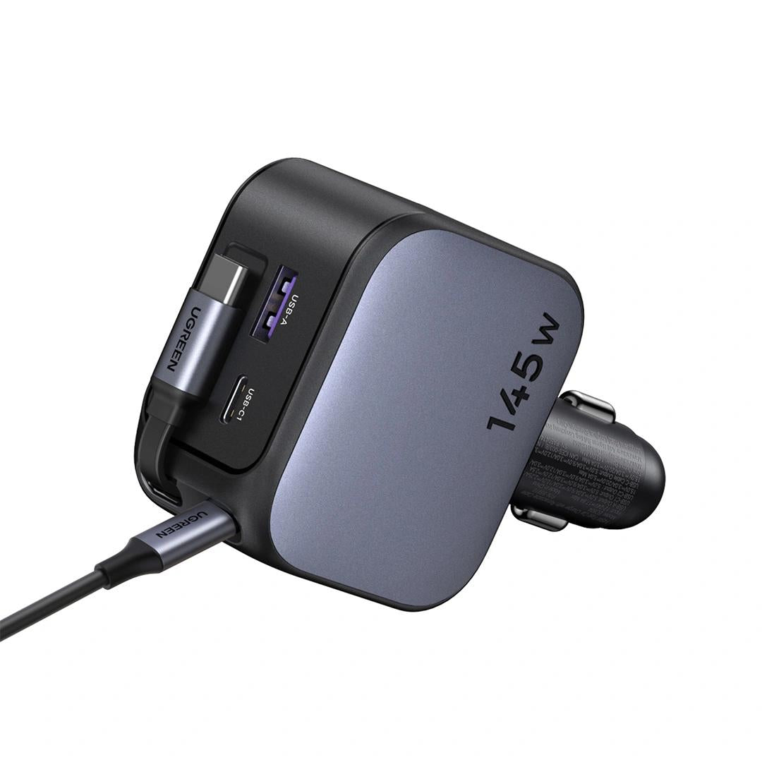INCARCATOR auto Ugreen, "EC604" 1 x USB, 2 x USB Type-C, include cablu retractabil 0.7m USB Type-C, total output 145W, pt. bricheta auto, gri "55910B"