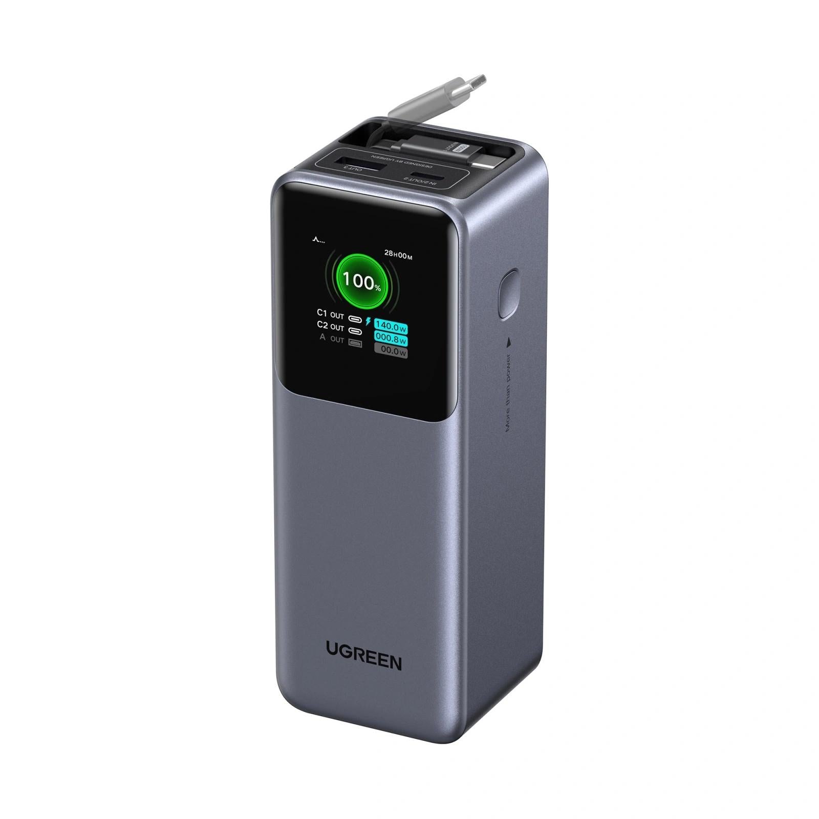 POWER BANK Ugreen "PB726", 20000mAh, 165W PD3.0 , 1 x USB, 2 x USB Type-C, 1 x USB Type-C cablu integrat, display, gri, "55987B"