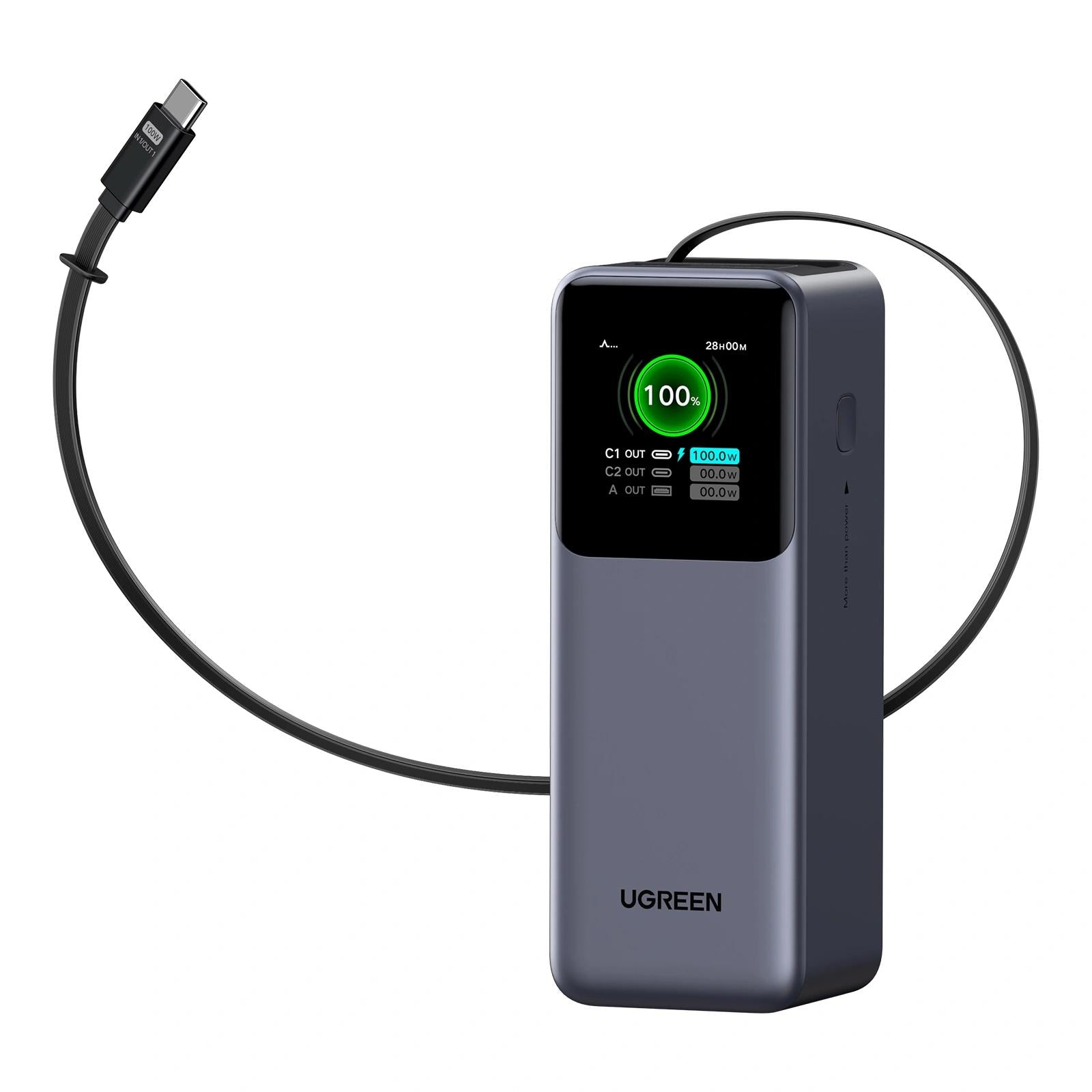POWER BANK Ugreen "PB726", 20000mAh, 165W PD3.0 , 1 x USB, 2 x USB Type-C, 1 x USB Type-C cablu integrat, display, gri, "55987B"