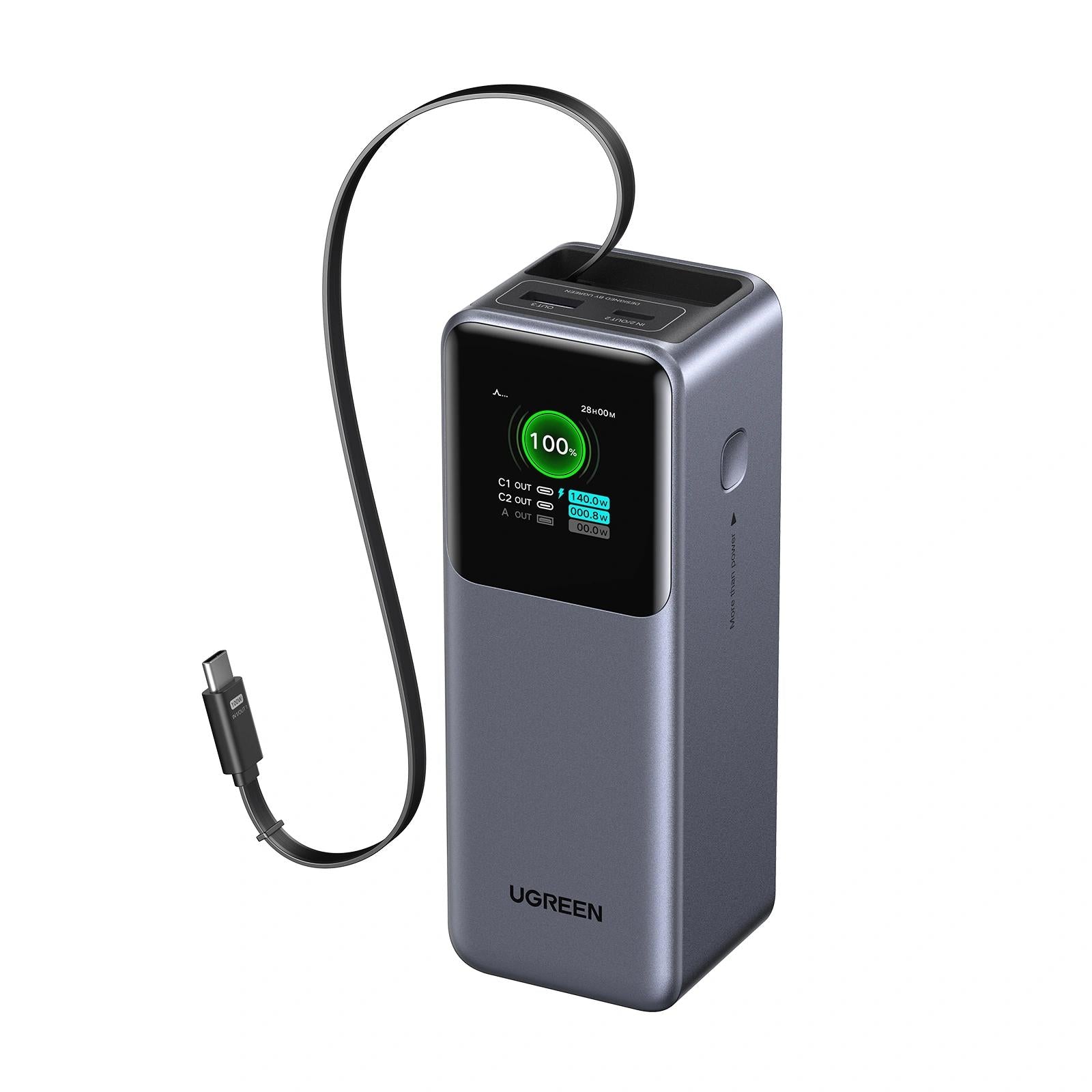 POWER BANK Ugreen "PB726", 20000mAh, 165W PD3.0 , 1 x USB, 2 x USB Type-C, 1 x USB Type-C cablu integrat, display, gri, "55987B"