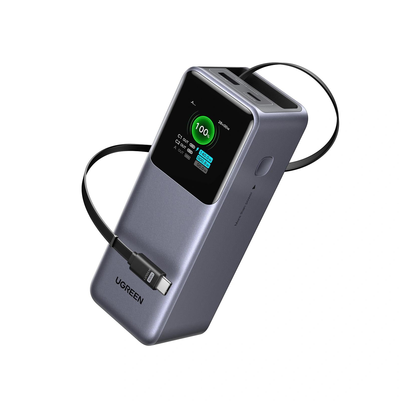 POWER BANK Ugreen "PB726", 20000mAh, 165W PD3.0 , 1 x USB, 2 x USB Type-C, 1 x USB Type-C cablu integrat, display, gri, "55987B"