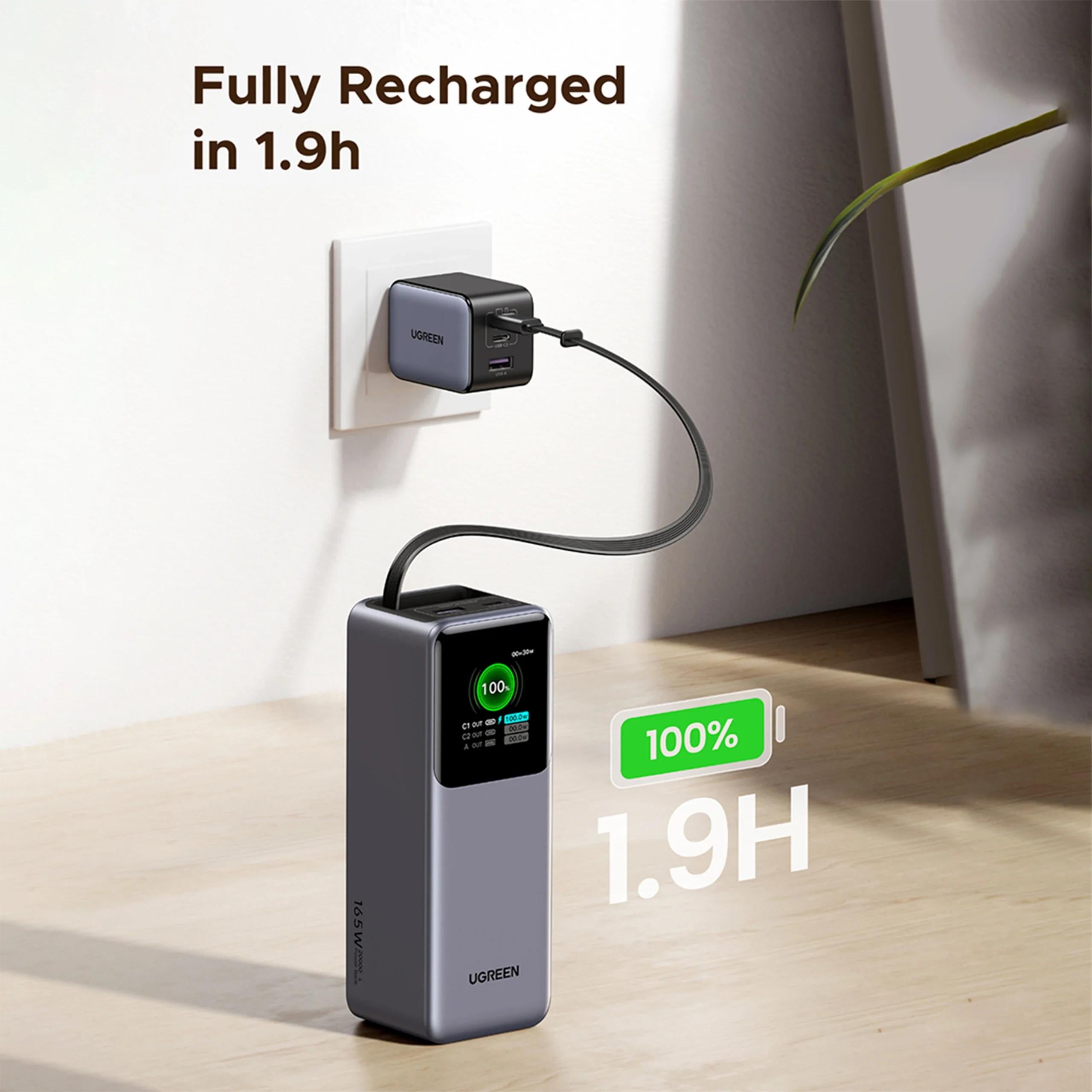 POWER BANK Ugreen "PB726", 20000mAh, 165W PD3.0 , 1 x USB, 2 x USB Type-C, 1 x USB Type-C cablu integrat, display, gri, "55987B"