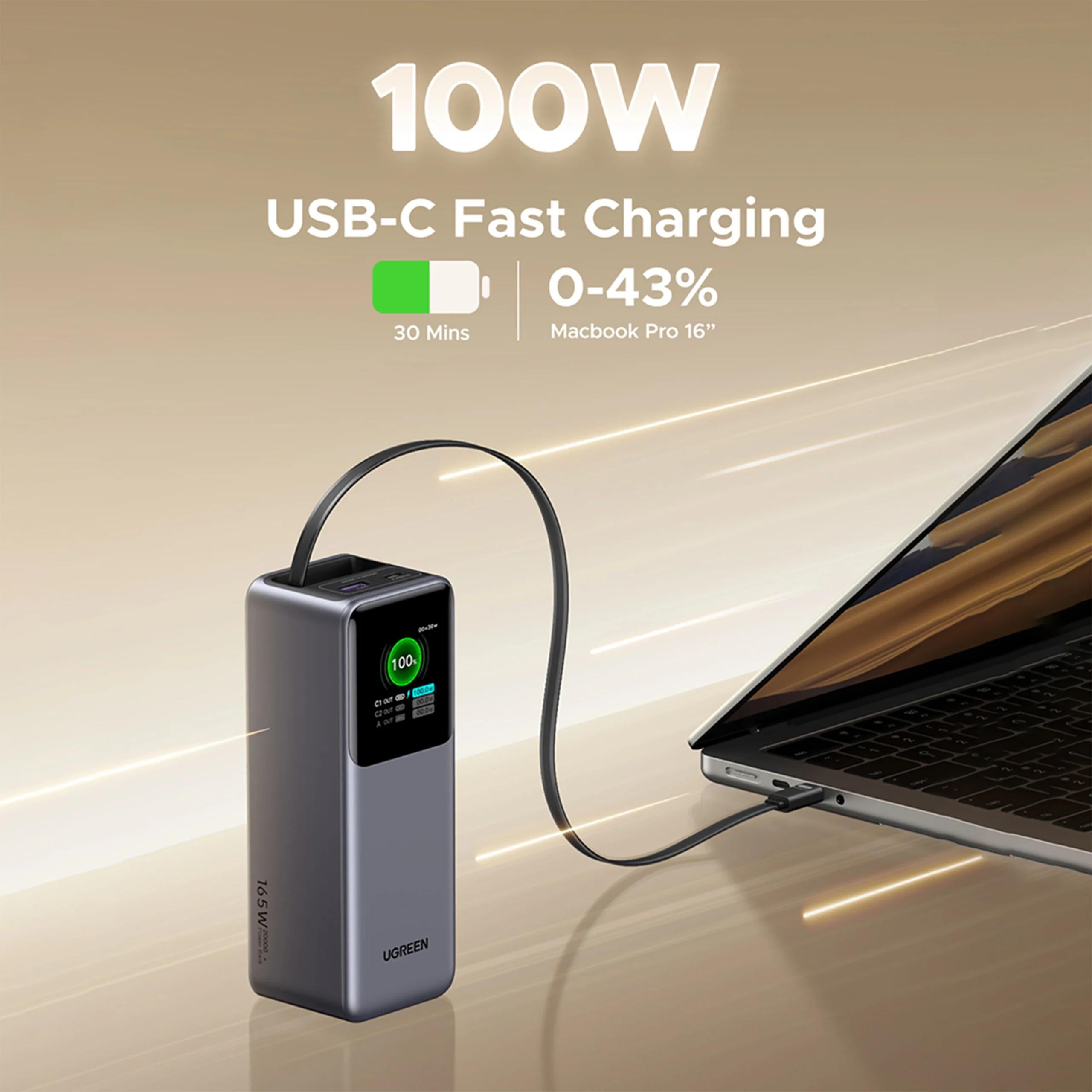 POWER BANK Ugreen "PB726", 20000mAh, 165W PD3.0 , 1 x USB, 2 x USB Type-C, 1 x USB Type-C cablu integrat, display, gri, "55987B"