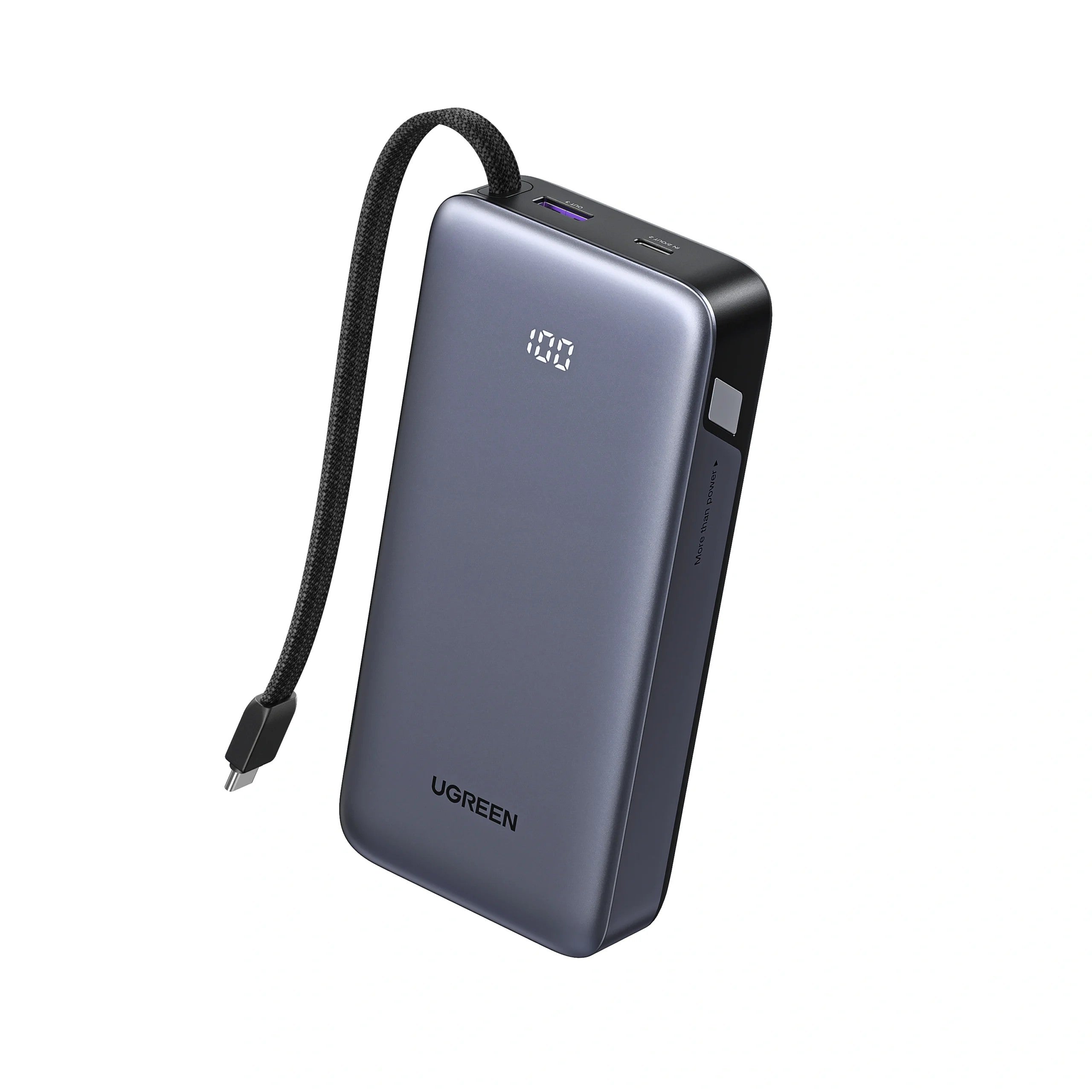 POWER BANK Ugreen "PB536", 20000mAh, 45W PD3.0 , 1 x USB, 1 x USB Type-C, 1 x USB Type-C cablu integrat, display, gri, "55988B"