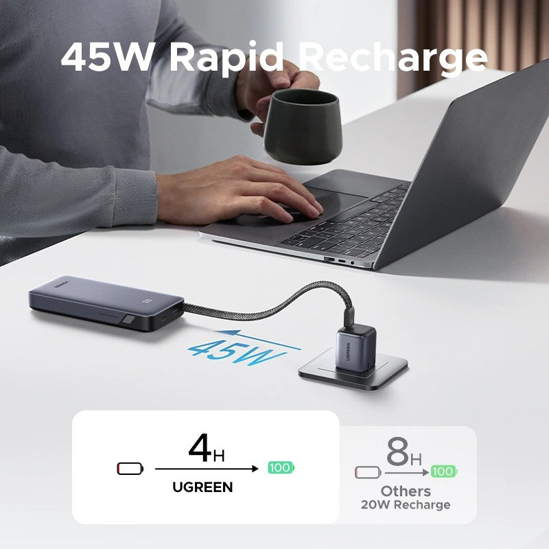 POWER BANK Ugreen "PB536", 20000mAh, 45W PD3.0 , 1 x USB, 1 x USB Type-C, 1 x USB Type-C cablu integrat, display, gri, "55988B"