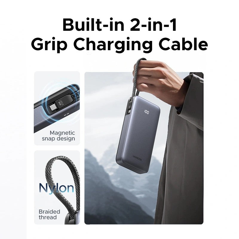 POWER BANK Ugreen "PB536", 20000mAh, 45W PD3.0 , 1 x USB, 1 x USB Type-C, 1 x USB Type-C cablu integrat, display, gri, "55988B"