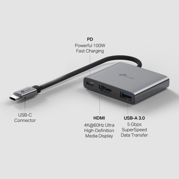 DOCKING STATION TP-Link, USB 3.0 x 1, USB Type-C PD x 1, HDMI x 1 , conectare prin USB Type-C,lungime cablu 18 cm, gri, "UH3020C"