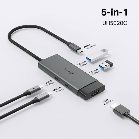 DOCKING STATION TP-Link, porturi USB: USB 3.0x2 + USB-C PDx1, USB-C x 1, 1 x HDMI, conectare prin USB Type-C, lungime cablu 10 cm, gri, "UH5020C"