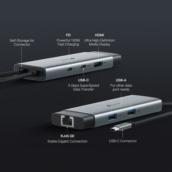 DOCKING STATION TP-Link, porturi USB: USB 3.0x2 + USB-C PDx1, USB-C x 1, 1 x HDMI, RJ-45 Gigabit x 1 conectare prin USB Type-C,lungime cablu 10 cm, gri, "UH6120C"
