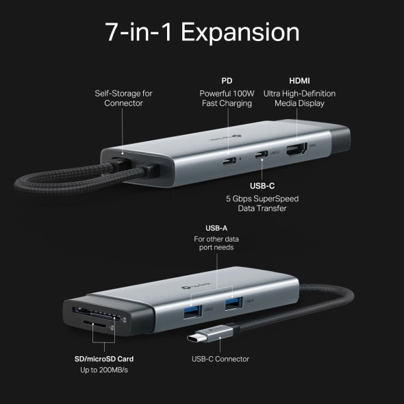 DOCKING STATION TP-Link, porturi USB: USB 3.0x2 + USB-C PDx1, USB-C x 1, 1 x HDMI, Card Reader x 1, conectare prin USB Type-C,lungime cablu 10 cm, gri, "UH7020C"