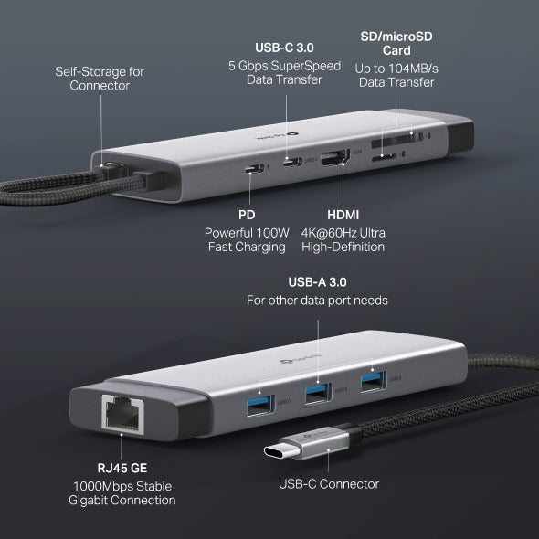 DOCKING STATION TP-Link, porturi USB: USB 3.0x3 + USB-C PDx1, USB-C x 1, 1 x HDMI, RJ-45 Gigabit x 1 conectare prin USB Type-C,lungime cablu 10 cm, gri, "UH9120C"
