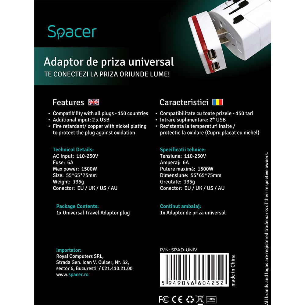 ADAPTOR universal SPACER, pt. calatorii, Schuko x 1, conectare Socket Universal (T), USB x 2, 10 A, alb, "SPAD-UNIV"/45505994