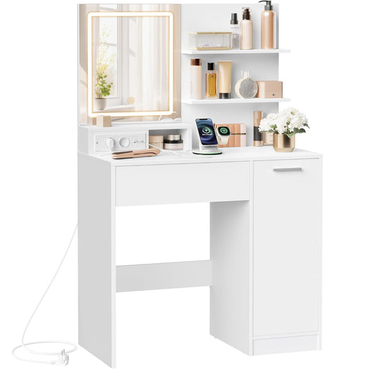 VASAGLE Masa de toaleta Kailyn cu oglinda LED si priza integrata, porturi USB, sertar, rafturi si dulap, PAL, 80x40x132 cm, alb - 2