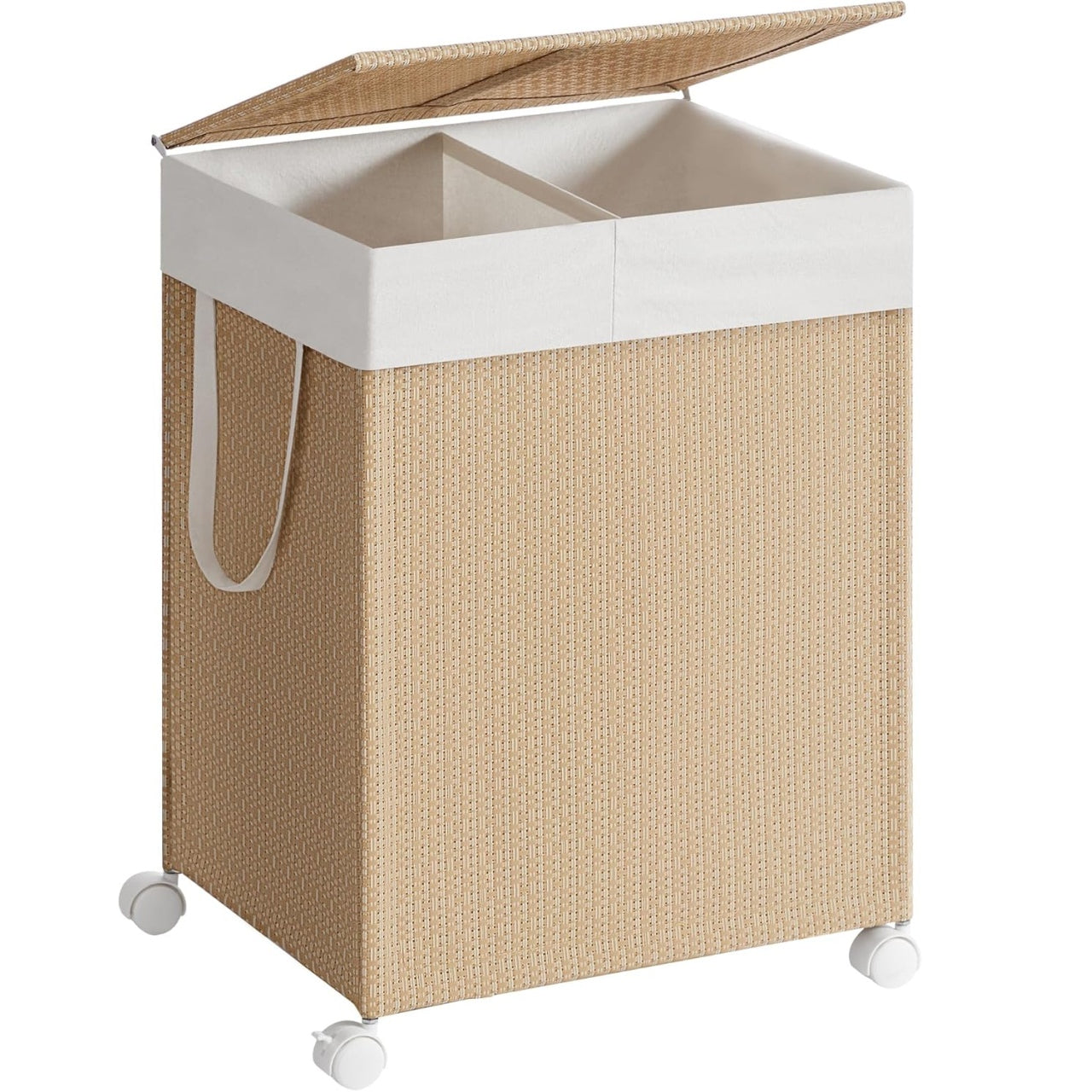 SONGMICS Cos rufe din tesatura tip ratan, 100L cu 2 compartimente si roti, 47x38x65 cm, bej natur