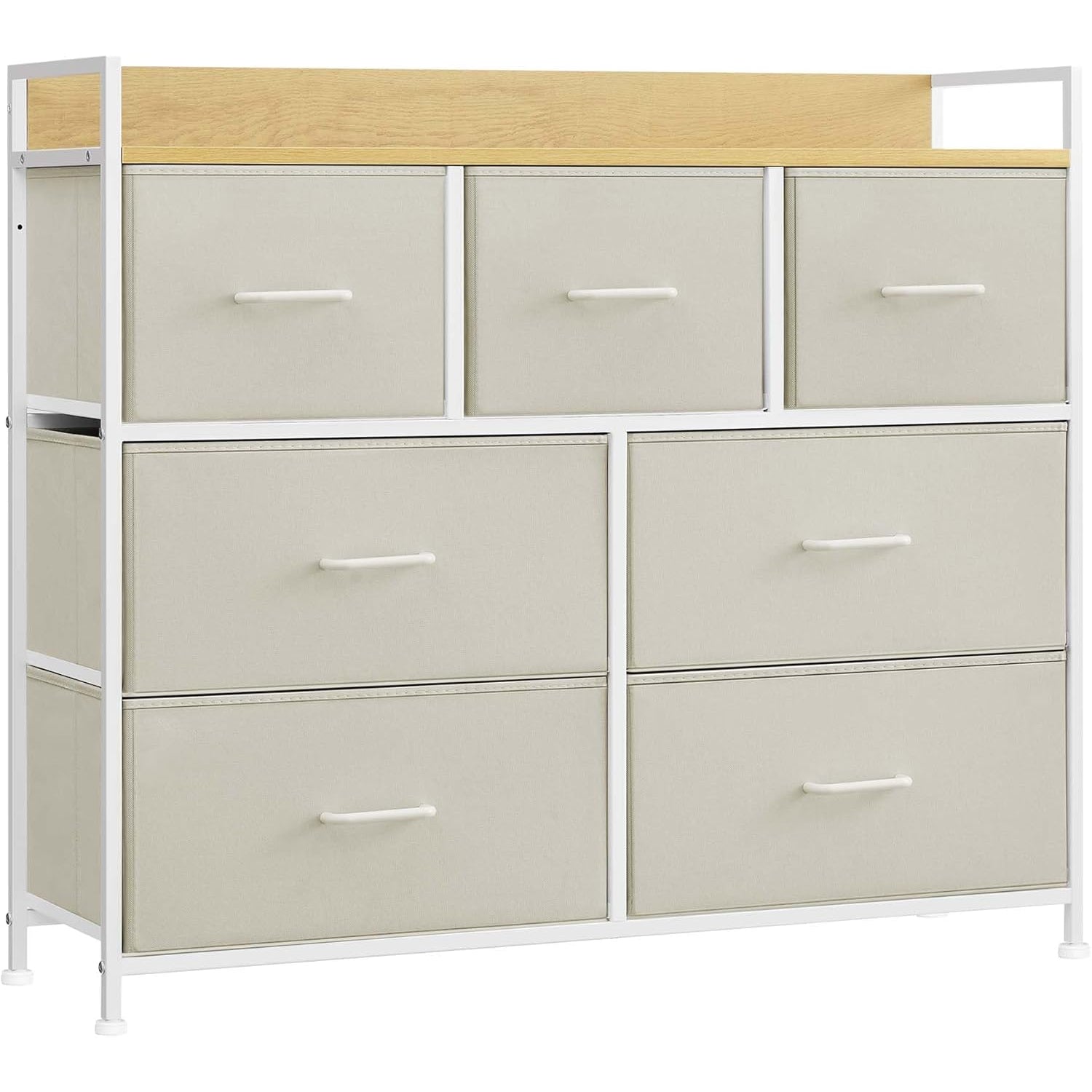 SONGMICS Comoda cu 7 sertare textile, cadru metalic si blat din PAL, design industrial, 98x29x85 cm, alb crem