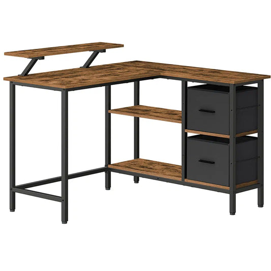 VASAGLE Birou de colt in forma L, cu 2 sertare si suport monitor, montare pe ambele parti, stil industrial, 115x105 cm, maro rustic