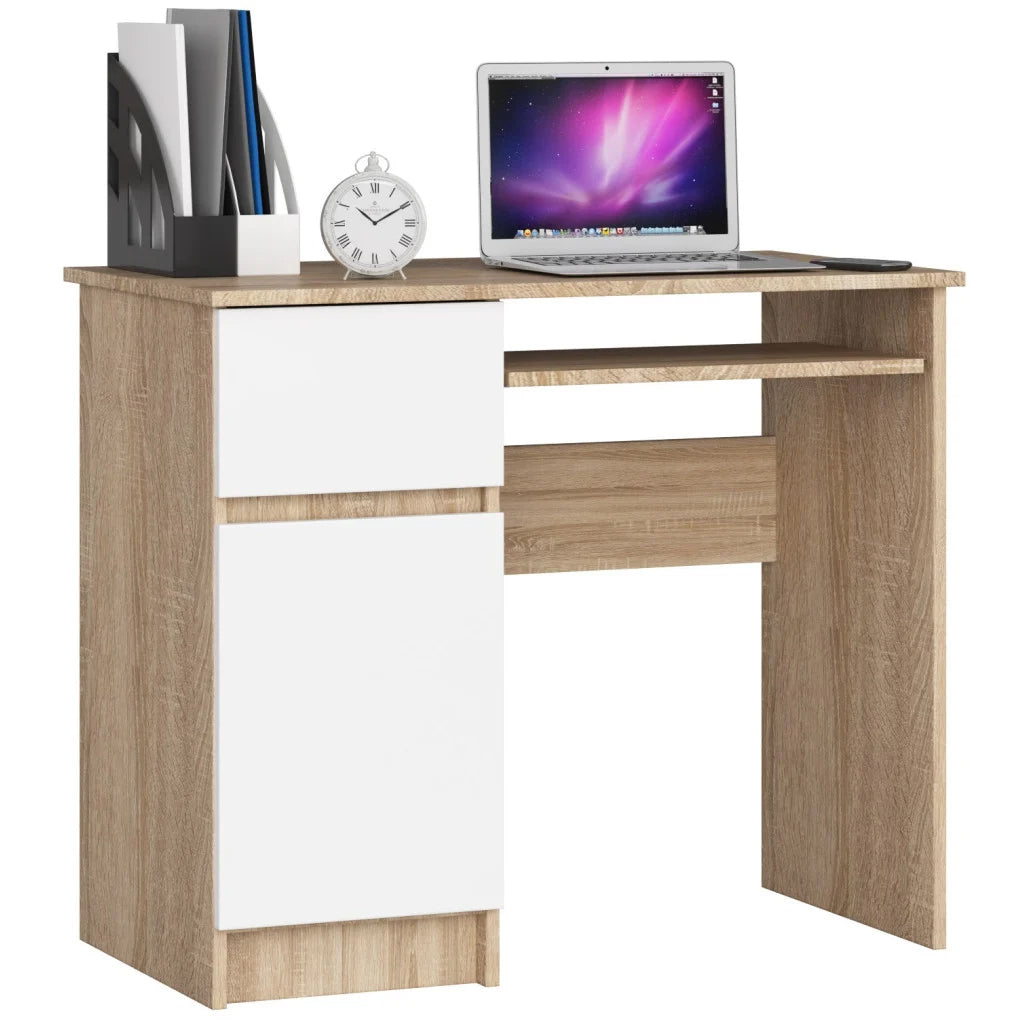 Birou computer PIKSEL, cu sertar, dulap si raft pentru tastatura, stanga, 90x50x77 cm, stejar sonoma si alb