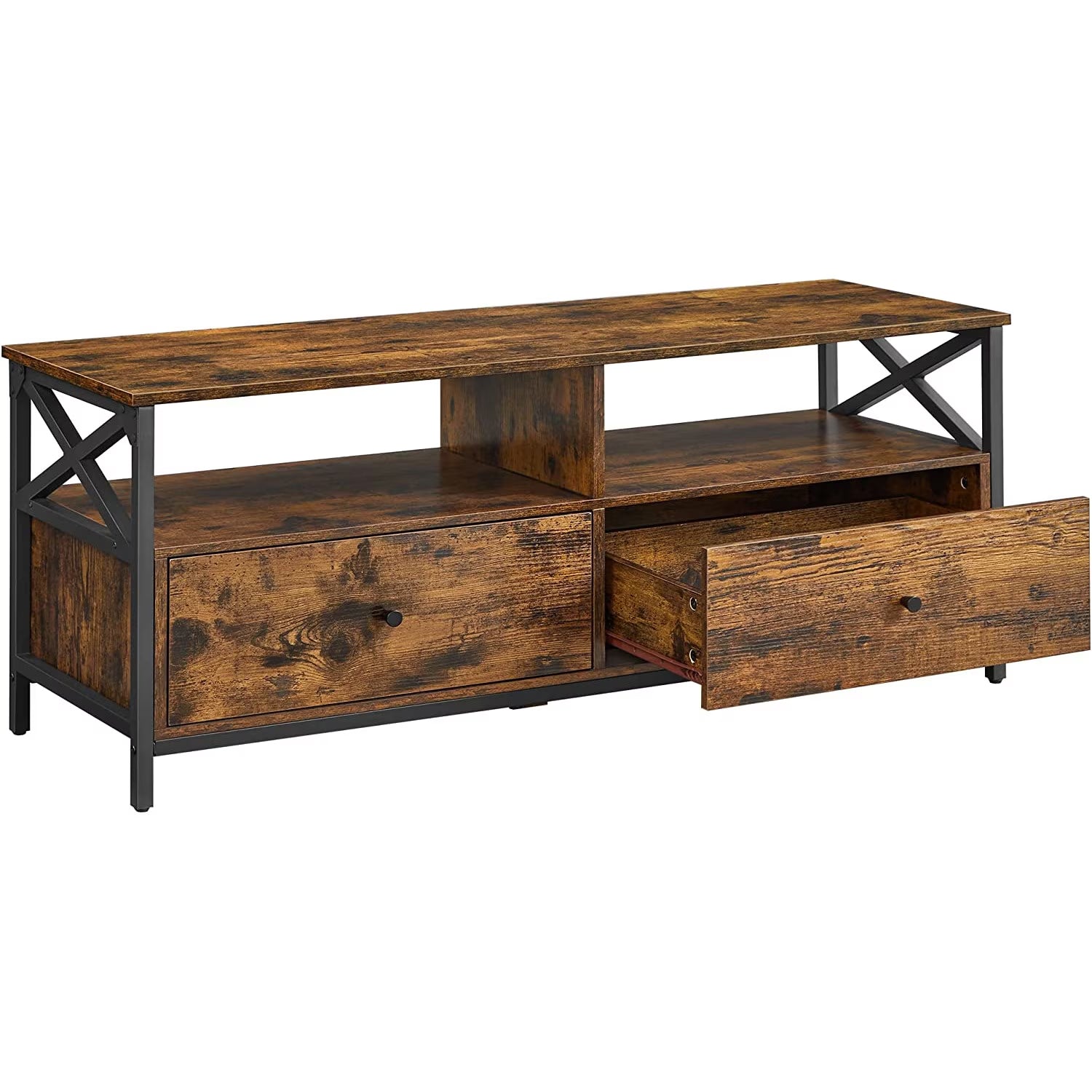 VASAGLE Comoda TV cu 2 sertare si 2 rafturi, cadru metalic, stil industrial, 120x40x50 cm, maro rustic