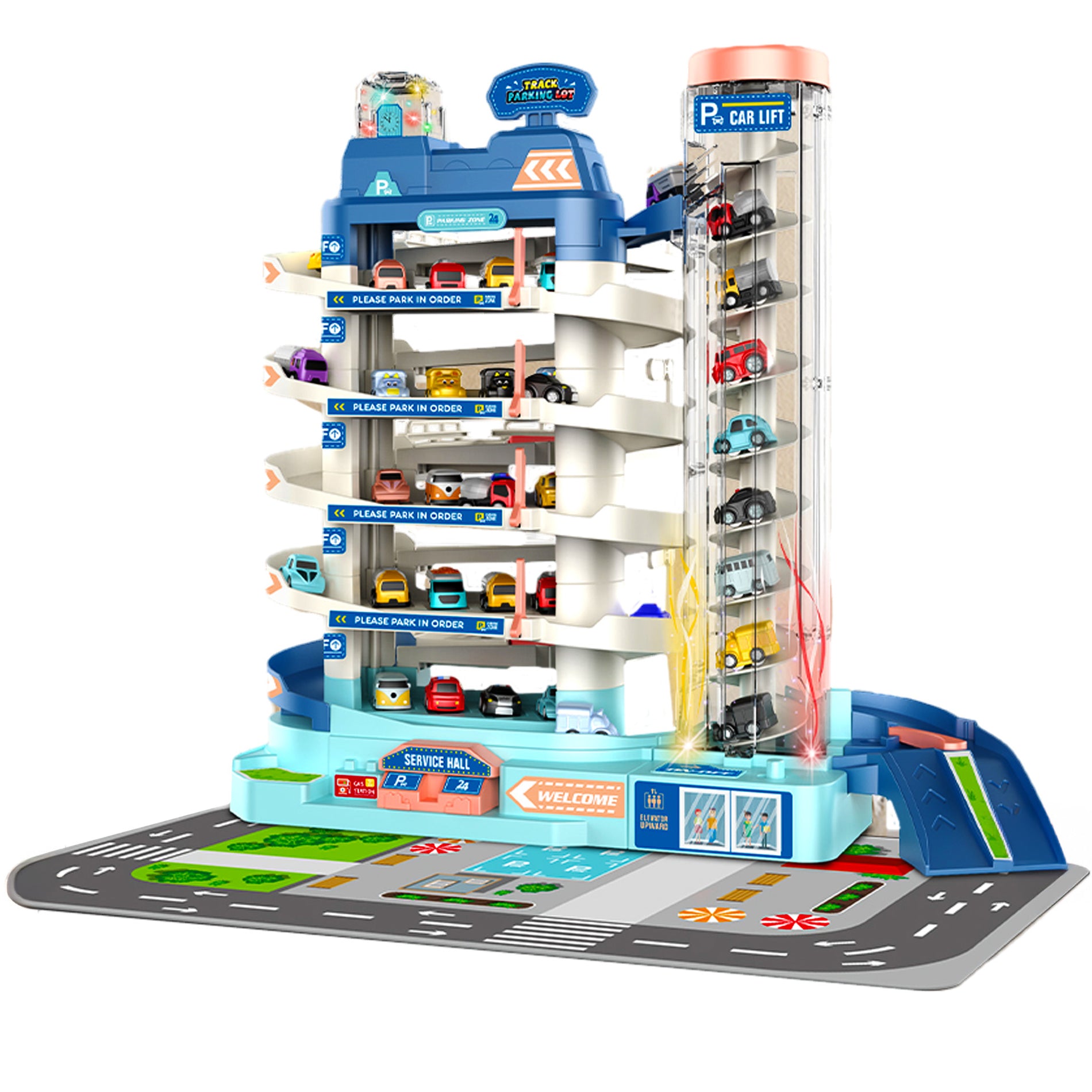 Garaj auto pentru copii cu parcare multipla, lift electric, masini incluse, cu pista, 30x30x25 cm