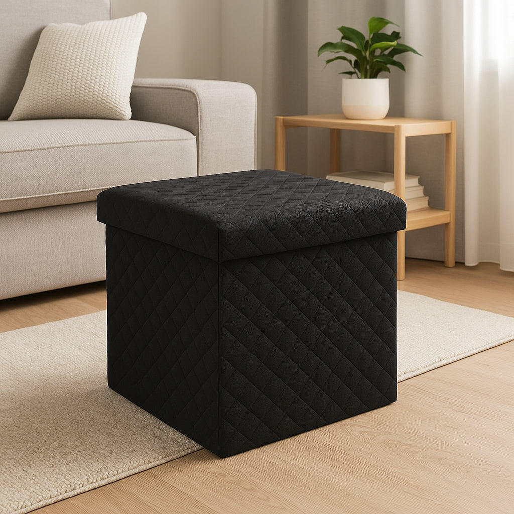 Taburet pliabil 5Five patrat cu spatiu de depozitare, MDF, 31x31x31 cm, negru