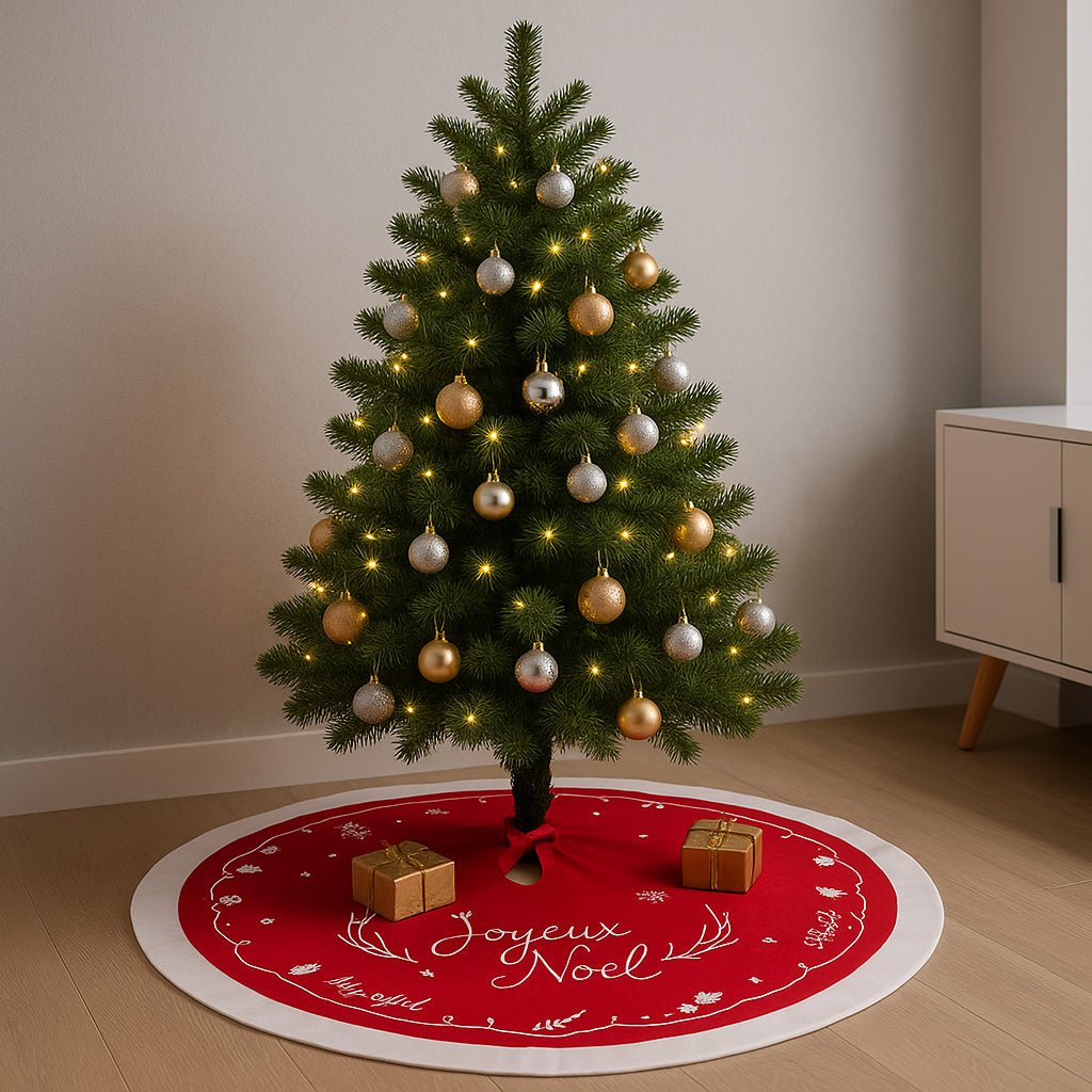 Covor decorativ pentru brad, din fetru matlasat, diametru 90 cm, rosu