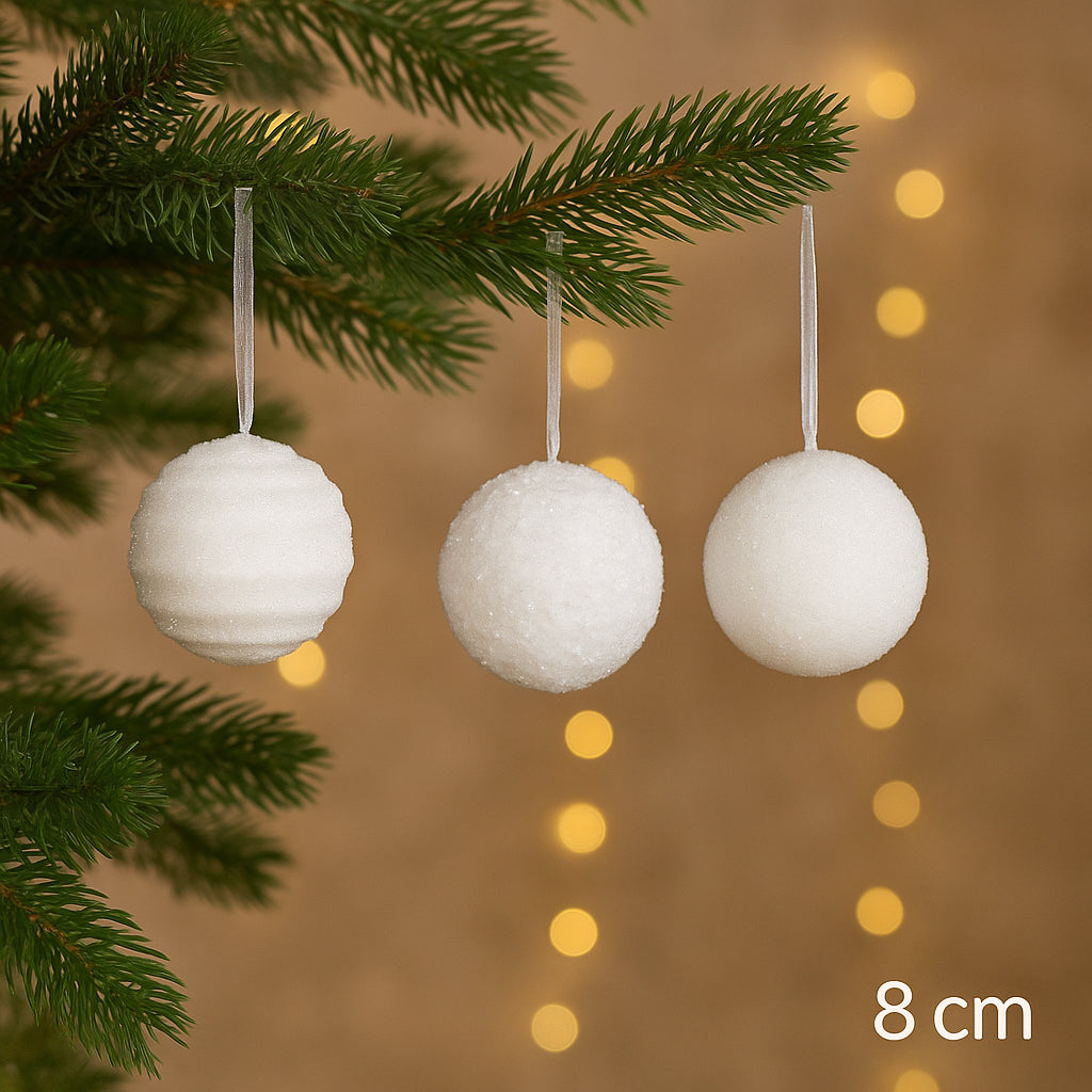 Set 12 globuri Craciun cu sclipici, 3 modele diferite, polistiren, diametru 8 cm, alb