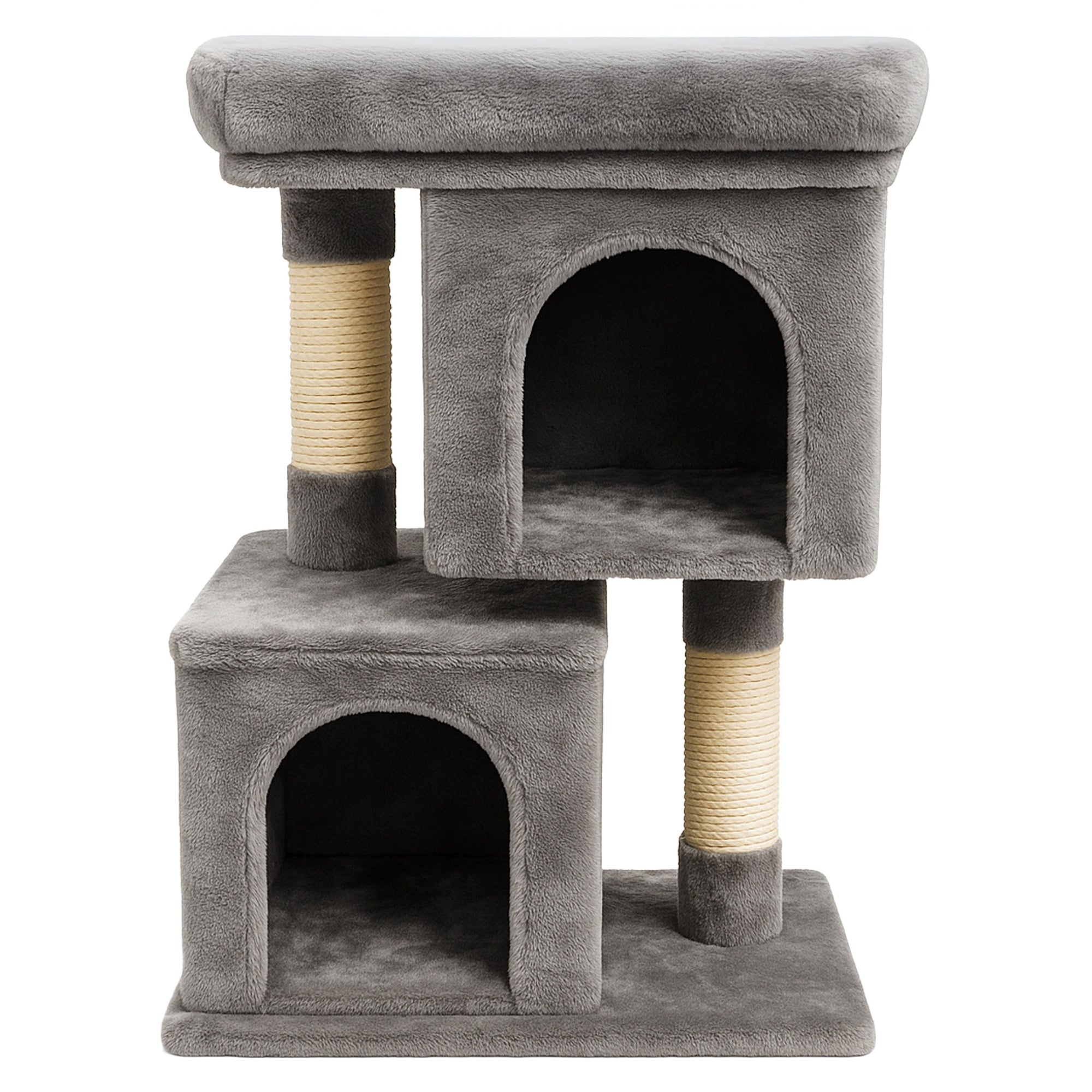 Ansamblu de zgariat pentru pisici tip turn cu 2 niveluri, tunel, casuta si pat, MDF si plus, 67 cm, gri