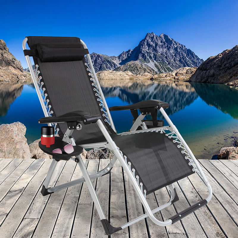 Sezlong pliabil gravitate zero, 175x65 cm, cu masuta si buzunar organizator, 120 kg, negru