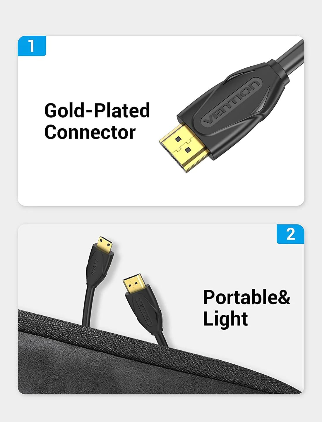 Cablu video Vention, HDMI(T) -miniHDMI(M), 2m, rezolutie maxima 4K la 30Hz, conectori auriti, cupru, dublu sens,invelis PVC, negru, "VAA-D02-B200" - 6922794721012