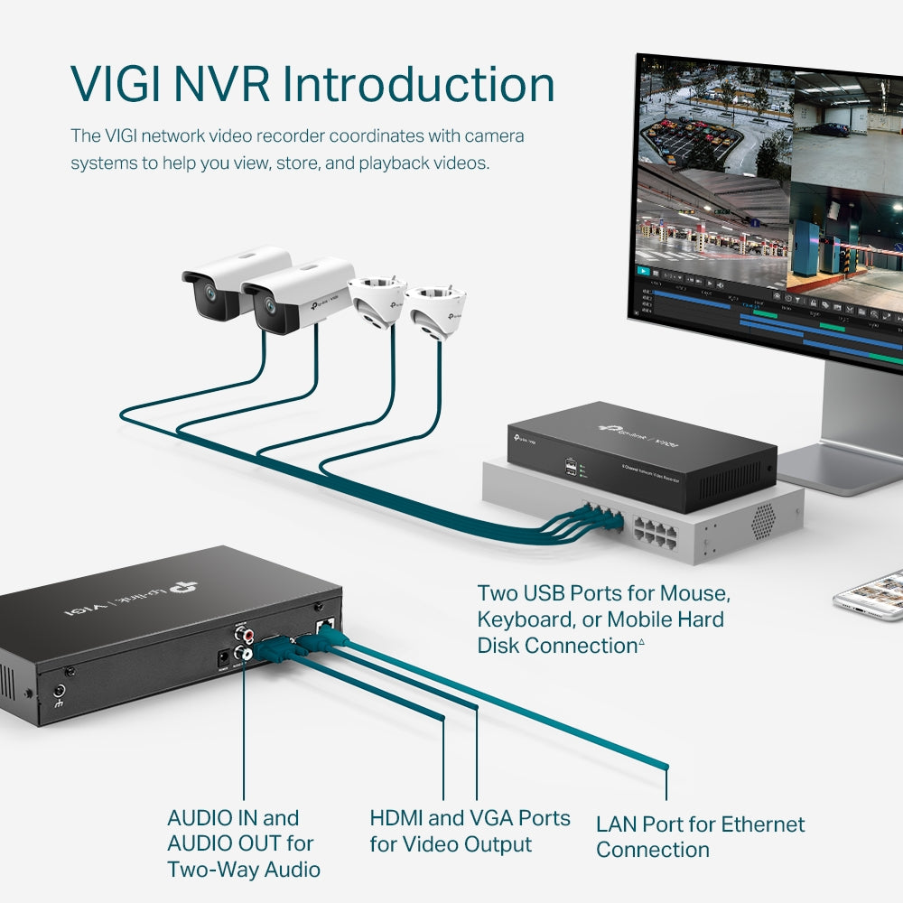 NVR TP-Link VIGI, 8 canale, capacitate max 10 TB, porturi HDMI | VGA | Retea RJ45 | 2 x USB 2.0, "VIGI NVR1008H"