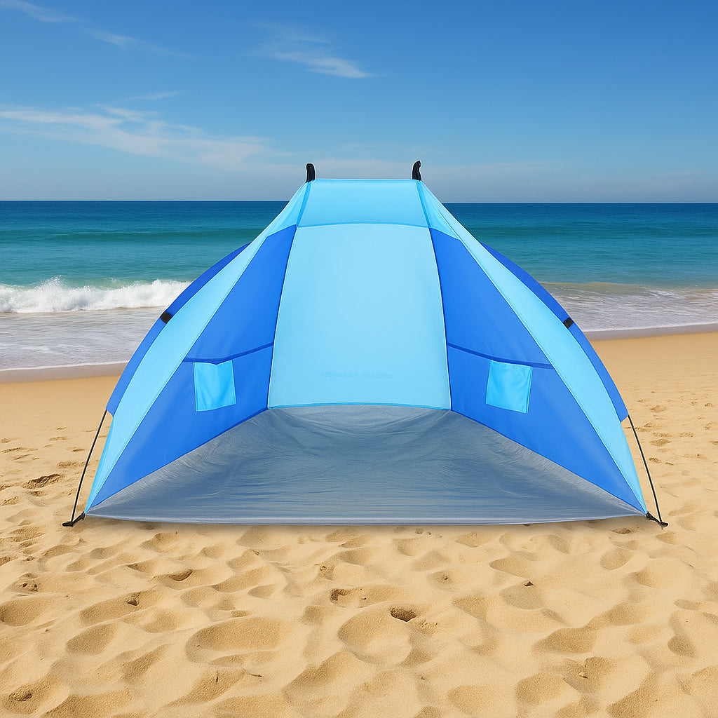 Cort plaja pentru 2 persoane, cu protectie UV si podea izolanta, 200x100x105 cm, albastru
