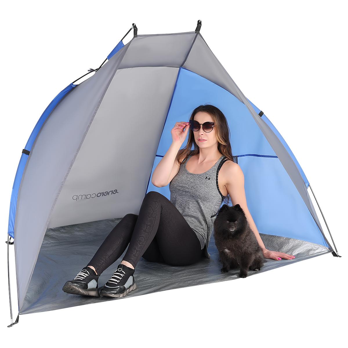 Cort plaja pentru 2 persoane, cu protectie UV si podea izolanta, 200x100x105 cm, albastru si gri