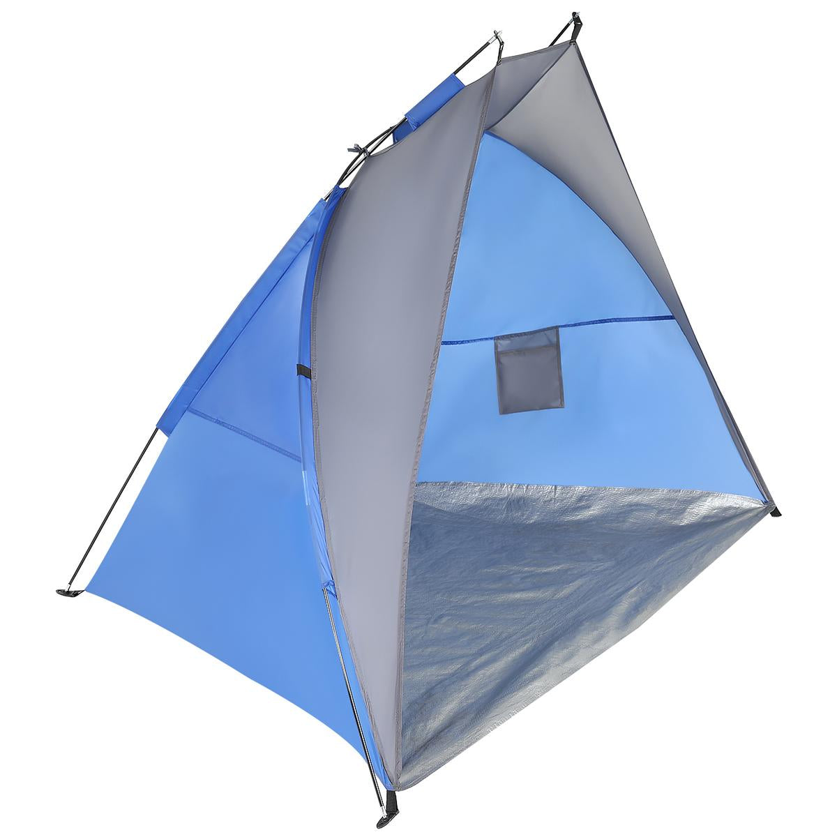 Cort plaja pentru 2 persoane, cu protectie UV si podea izolanta, 200x100x105 cm, albastru si gri