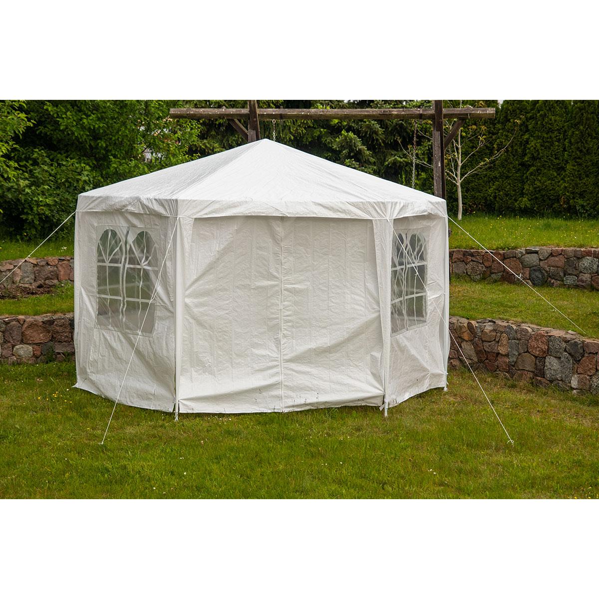 Pavilon gradina cu structura metalica, 6 pereti laterali detasabili, alb, 378x330x260 cm